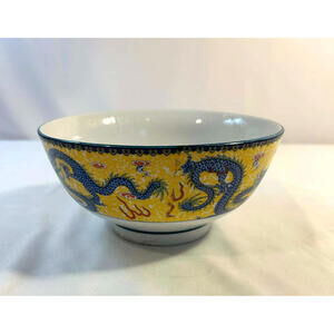 Chinese Style Dragon Porcelain Bowl Yellow Ground Blue Dragon Decorative Bowl